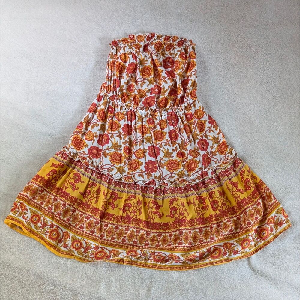 Floral Patterned Mini Tube Dress Women's Small Orange White Strapless Boho - Picture 2 of 9